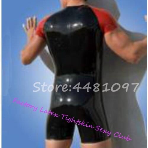 Males' Black with Red One-Pieces Mens Latex T-shirt Latex Polo Shorts with Front Zip for Men lingerie porno crotchless bodysuit