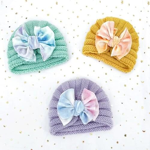 Tie-dye Bow Baby Hat Turban Autumn Winter Knitted Kids Bonnet Hats for Newborn Infant Toddler Warm Beanie Caps Baby Accessories