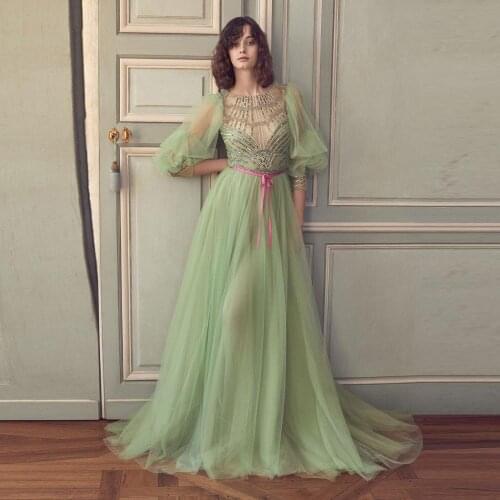 Elegant Mint Green Beaded Crystal Tulle Formal Event Party Dresses Illusion Full Sleeves A-line Long Party Gowns