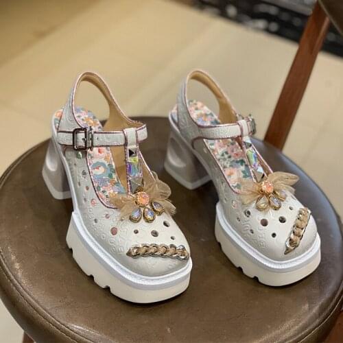 Exclusive Design High-End Womens Leather High Heels With Rhinestones Trend Hollow Platform Roman 8cm Sandals