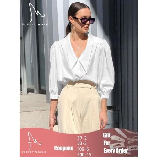 Elegant Solid Women Blouse Three Quarter Puff Sleeve Oversize Collar Shirt Office Lady Button Casual Tops Streetwear FLUFFYWORLD