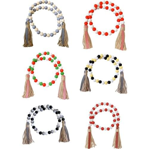 Nordic Wood Bead Garland with Tassels Farmhouse Beads Rustic Country Decor Kid Room Wall Hanging Ornament Home Decor