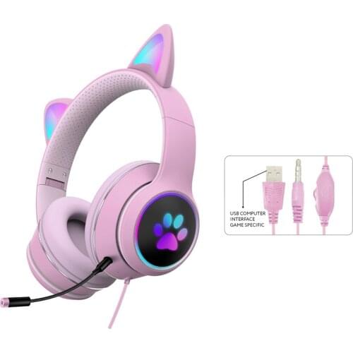 Cat Ear Headset Girls 7.1 Stereo Wired Gaming Headphones with Mic LED Light Gaming earphones the best gift for adults and kids