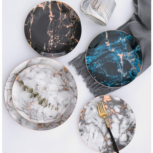 European Style Marble Plates Ceramic Dinner Set Black Gold Inlay Porcelain Dessert Plate Steak Salad Snack Cake Plates Tableware