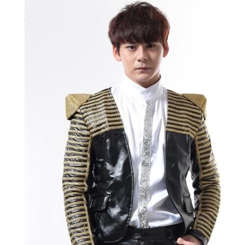 Punk Men Nightclub Personalized Embroidery Outerwear Black Red And White Jacket Singer Stage Costume Performance Show Serve Male