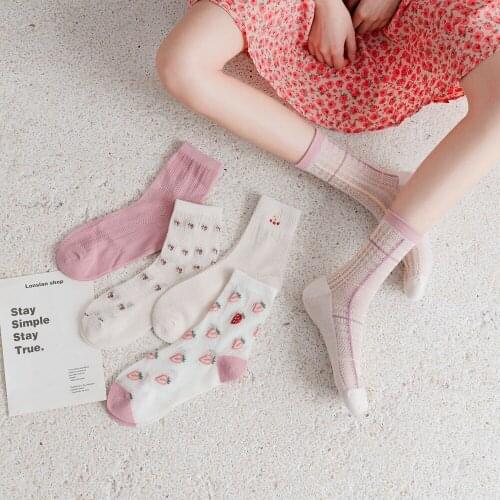 10 Pieces=5 Pairs Girls Cute Cartoon Fruits Sheer Kawaii Lady Women Summer Fall Rabbit Strawberry Cherry Jacquard Socks Female