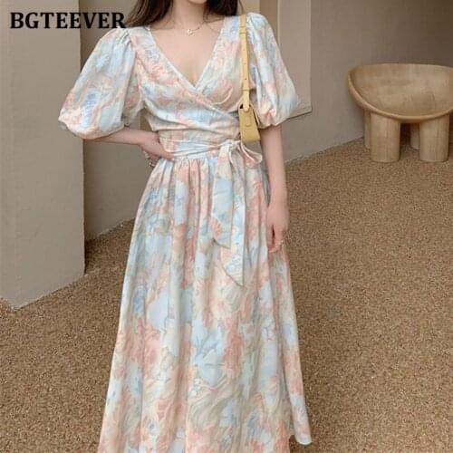 BGTEEVER Elegant V-neck Women Floral Mid-length Dress Puff Short Sleeve Lace-up Slim Waist One Piece Female Dresses 2021 Summer