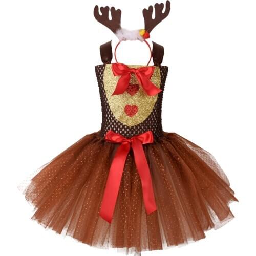Girls Christmas Halloween Brown Deer Tutu Dress For Costume Kids Reindeer Princess Dresses Knee-length Xmas Childrens Clothes