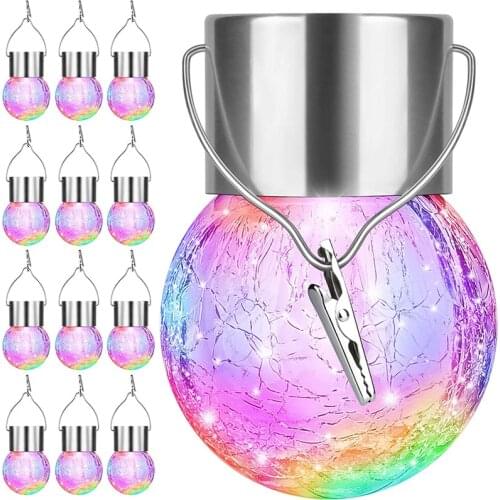 Solar Powered Hanging Lights Waterproof with Handle and Clip Outdoor Cracked Glass Ball Solar Lights for Garden Patio Yard Lawn