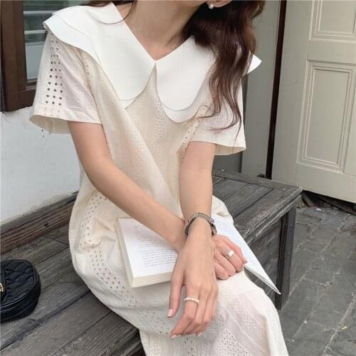 QOERLIN 2021 Elegant Double Layer Collar Loose Office Lady Solid Streetwear Puff Sleeve Retro Summer White Long Dress Vestidos