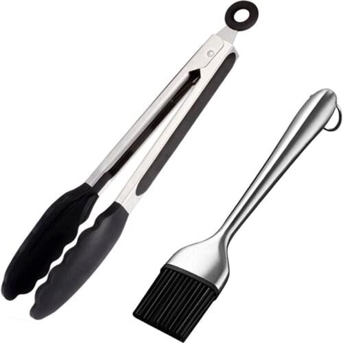 Silicone Food Tong Basting Brush Set Oil Brush Kitchen Tongs BBQ Grill Clip Meat Salad Cake Tongs Oil Sauce Brush Barbecue Tools