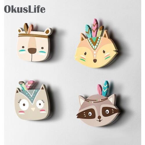 Nordic Wood Indian Animal Toys Wall Mounted Home Decoration Wall Hanging For Childrens Bedroom Cartoon Decorate Gift No Drill