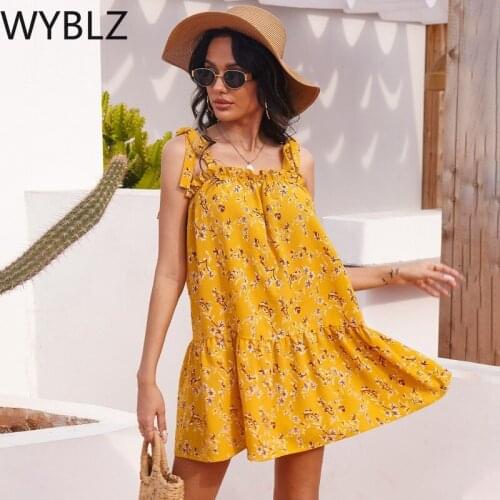 WYBLZ 2021 Summer Women Print Dress Spaghetti Straps Casual Sleeveless Sweet Ruffles Mini Dresses Female Halter Beach sundress
