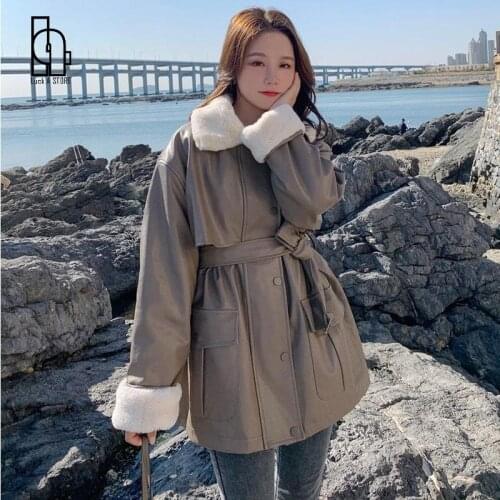 Luck A Women With Faux Rex Rabbit Fur Inside Warm Soft Thickened Fur Lined Coat Long Sleeve Winter Oversized Leather Jacket