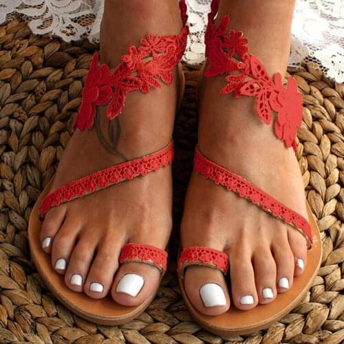 2021 Women Flat Shoes Summer Bohemian Gladiator Roman Sandal Lace Straps Floral Style Sandalias Mujer White Female Beach Shoes