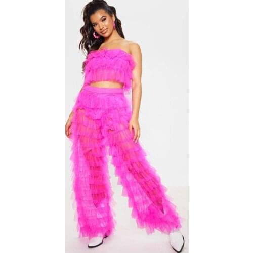 Modern Chic Fuchsia See Thru Riffles Tulle Women Pants And Mini Short Tanks Summer Women Set Female Clothing