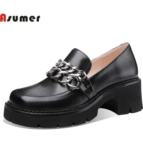 Asumer HOT Genuine Leather Shoes Woman Square High Heels Platform shoes Punk Chain Spring Summer Ladies Shoes