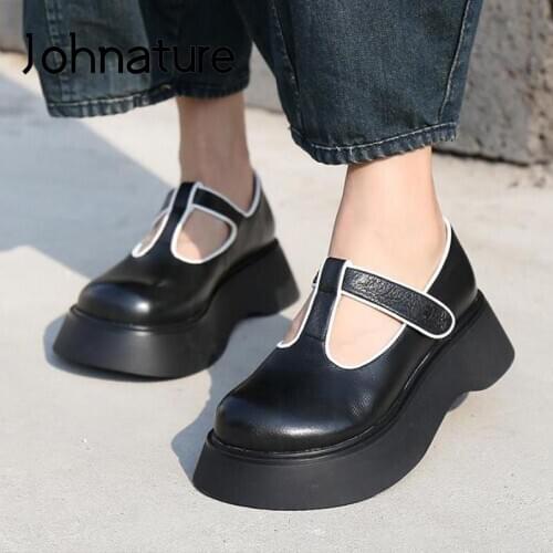 Johnature Pumps Women Shoes Retro Genuine Leather 2021 New Spring/Autumn Hook & Loop Platform Heels Wedges Handmade Ladies Shoes