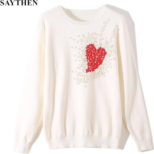 Saythen 2021 European Style New Fall Winer Women Star Celebrity Heart Flowers Sweet Knitting Sweater Warm Casual Tops