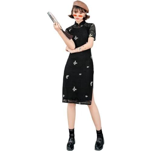 Shanghai Story Knee Length Butterfly Qipao Short Sleeve Lace Cheongsam for Women
