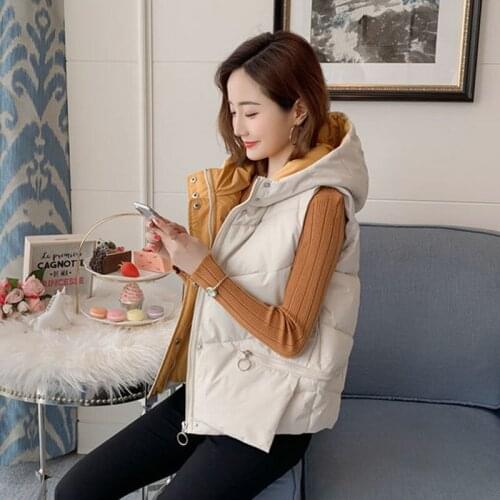 2021 Women Winter Vintage Hooded Cotton Padded Vest Lady Casual Slim Solid Warm Thick Waistcoat Female Sleeveless Solid Vest M73