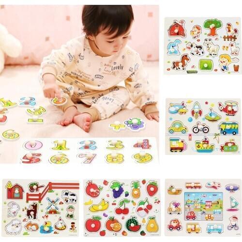 Wooden Cartoon Animal Fruits Jigsaw Puzzle Grasp Board Kids Early Education Toys