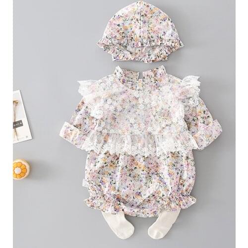 Korean version of baby small floral romper net red female baby newborn cotton hooded jumpsuit autumn clothes