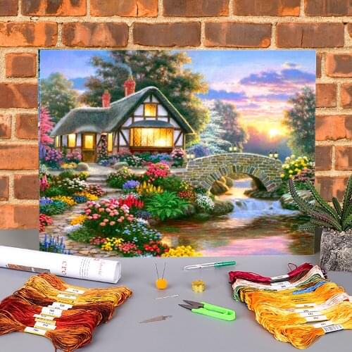 House Flower Landscape Pre-Printed 11CT Cross Stitch DIY Embroidery Patterns DMC Threads Painting Handmade Promotions