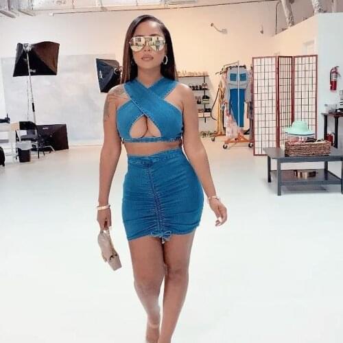 Echoine Denim Color Wrap Crop Top Hollow Out Backless Sexy Skinny Mini Skirt Set Pleated Drawsting Skirt Party Club Outfits Hot