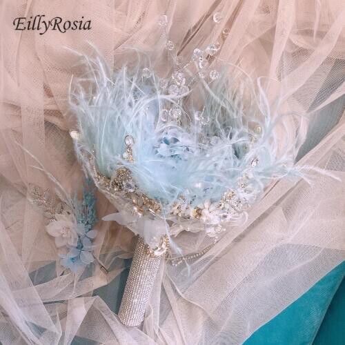 EillyRosia Dusty Blue Bridal Bouquet Ostrich Feathers Crystal Beading Pearls Jelwery Crown Luxury Sparkly Wedding Bouquet Unique