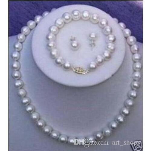 8-9mm White freshwater Cultured Pearl Necklace Bracelet Earring Set LL001>>> Free shipping