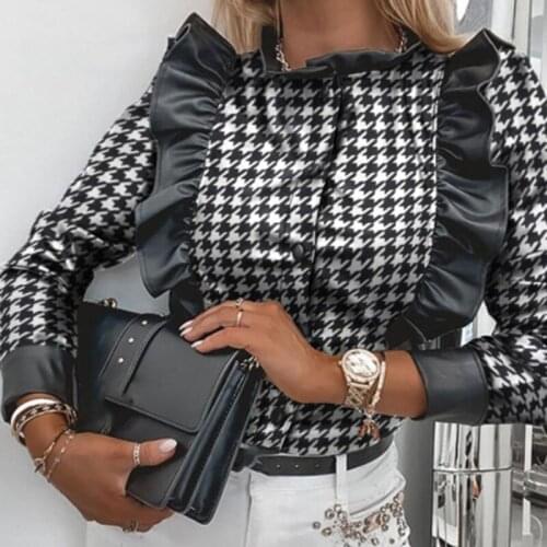 PU Leather Ruffle Cool Shirt Women Long Sleeve Button Blouse Tops Clothing SAM6015