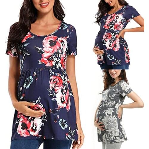 Summer Pregnancy T-Shirt Women Flower Print O-Neck Short Sleeve T-Shirt Tops Pregnant Tees Maternity Clothing Ropa Embarazada
