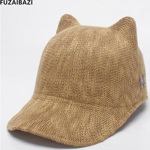 FUZAIBAZI Fashion Womens Spring New Cute Ears Knitted Baseball Caps Student Cap Elegant Ladies Brands Equestrian Hat Summer