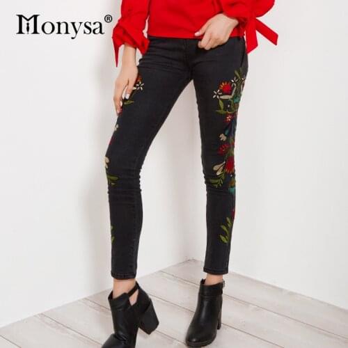 Skinny Jeans Woman 2018 Autumn Winter New Arrivals Floral Embroidery Long Denim Pants Female Fashion Pencil Pants Streetwear