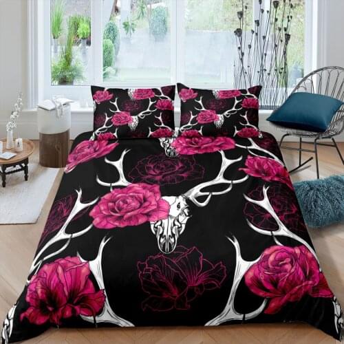 Deer Skull Pink Rose Bedding Set Fashion 3D Print Comforter Luxury Queen King Single Duvet Cover Set Home Textile Decor Modern