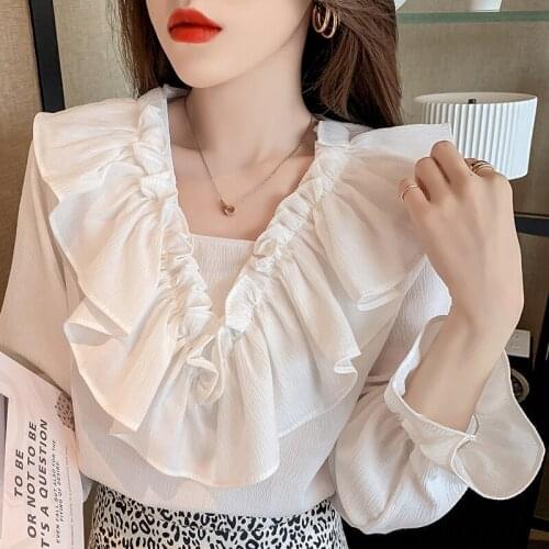 Autumn Long Sleeve White Blouse Ruffles Chiffon Blouse Shirt Tops Women Blouse Women Blusas Mujer De Moda 2021 Blouses Femme F92