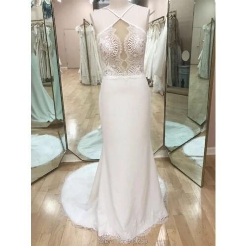 Real Made Wedding Dress Simple Backless Crepe Crisscross Illusion Sheath Halter Straps Bridal Gowns Vestidos Casamento