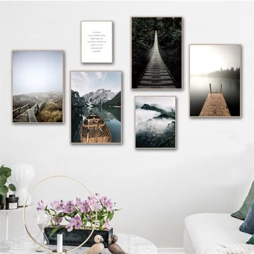 Nodic Scenery Poster Wall Art Canvas Painting Fog Mountain Lake Quote Print Modern Home Decor Picture for Living Room Wall Decor
