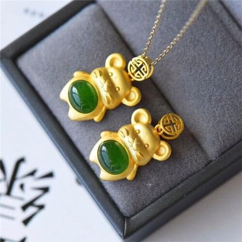 Luxury Gold Color 3D Realistic Cute Zodiac Rat Mouse Mice Animal Natural Peridot Chalcedony Women Pendant Necklace