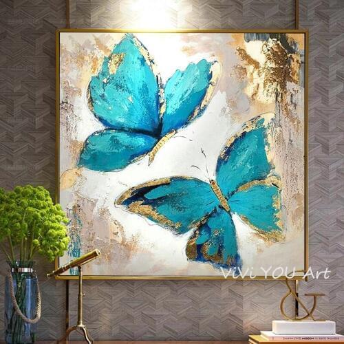 Hand Painted Abstract Art Blue Butterfly Oil Painting On Canvas Art Wall Painting For Living Room wall pictures Home Decoration