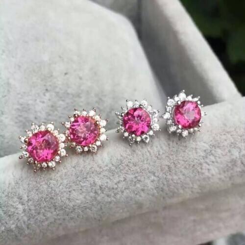 Natural topaz stone earrings 925 silver Natural Pink gemstone earring women personality Elegant round Earrings for anniversary