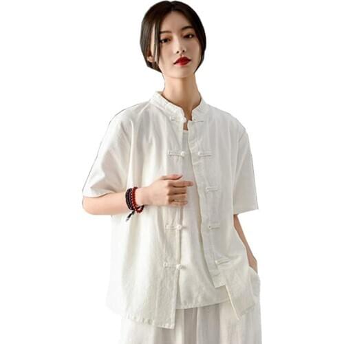 Shanghai Story Ancient Traditional Chinese Costume Short Sleeve Chinese Blouse Hanfu Top Vintage Tunic Casual Shirt