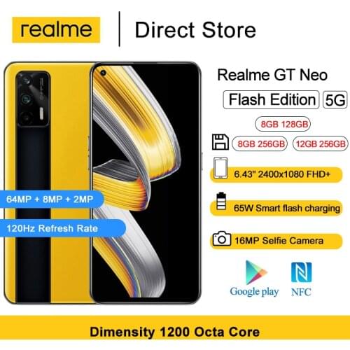 Realme GT Neo 5G Smartphone 6.43" FHD+ 120Hz Super AMOLED Dimensity 1200 Octa Core Android Mobile Phones 50W Fast Charger 64MP