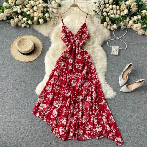 Summereep V-neck Dress Women 2021 Reduction Seaside Holiday Halter Strap Vestidos Female Chiffon Floral Midi Dresses
