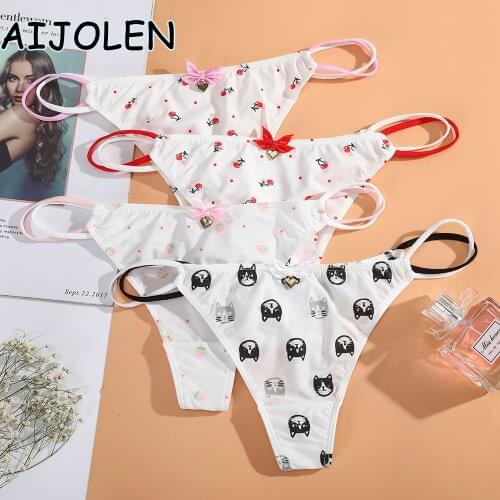AIJOLEN Bow knot Strawberry Cute Underpants White Printed Thin Band Thong and Sexy Ladies One Size Panties G String Underwear