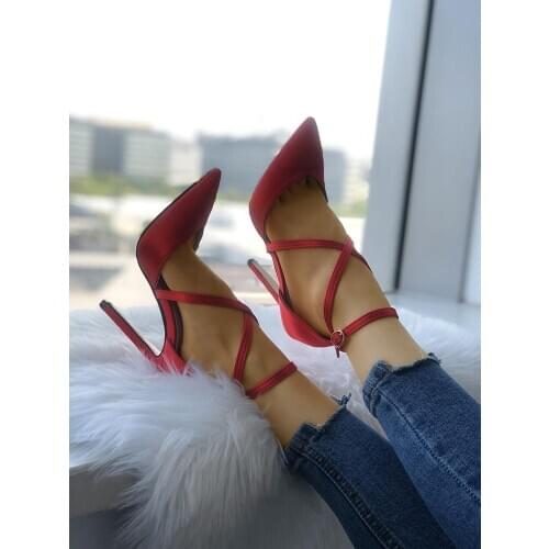 Carpaton Red Pointed Toe High Heel Shoes Sexy Cross-tied Thin Heels Woman Pumps Fashion Cutouts Party Dress Heels 35-42