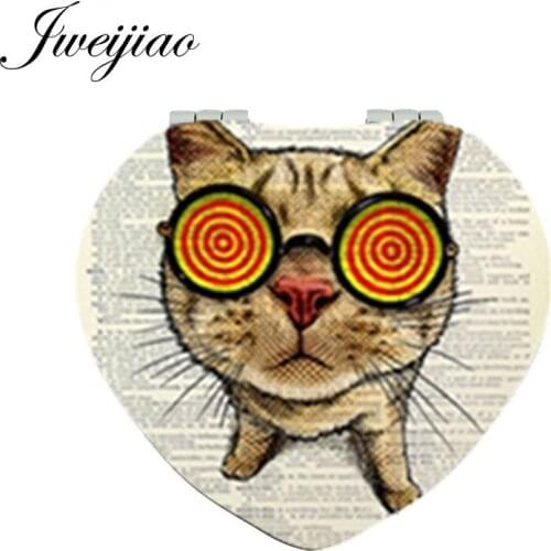 Youhaken Vintage Glasses Cat Heart Pocket Mirror PU Leather Mini Compact Folding 1x/2x Magnifying Makeup Mirror for Beauty