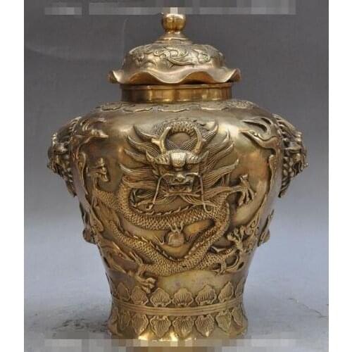 YM 305 11" china brass dragon play bead foo dog lion statue Tanks Crock jar bottle pots