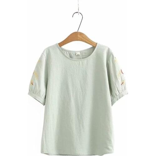 Plus size cotton linen Embroidery women Tshirts 2021 new summer casual short sleeve O-Neck ladies t shirts female tops t-shirts